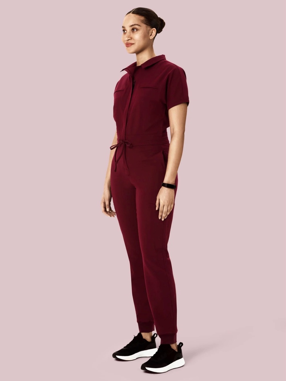 Mandala Women's Burgundy Short-Sleeve Utility Jumpsuit in Wine - Scrub Medium